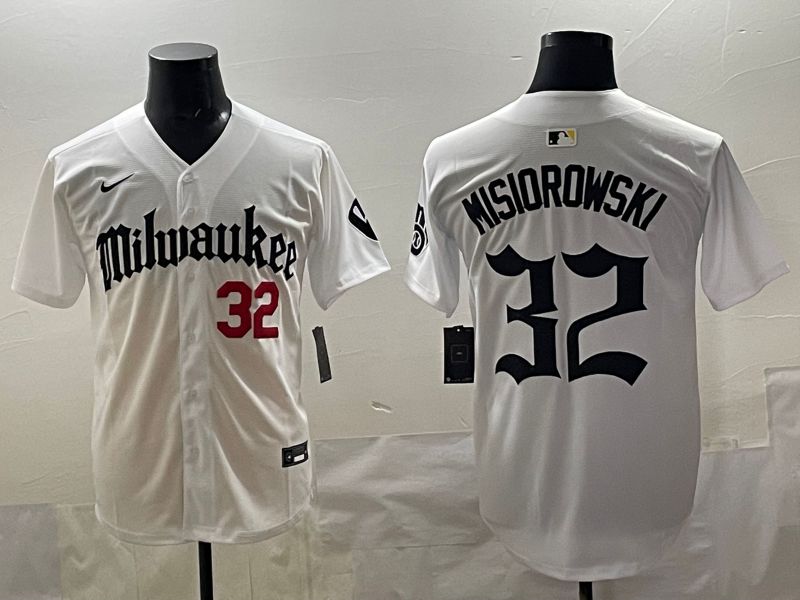 Men 2025 Milwaukee Brewers #32 Misiorowski White Five generations Joint Name Nike MLB Jersey style 03